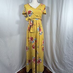 Mother Bee Maternity Yellow Pink Floral Maxi Dress Soft Stretchy Belted Size Med